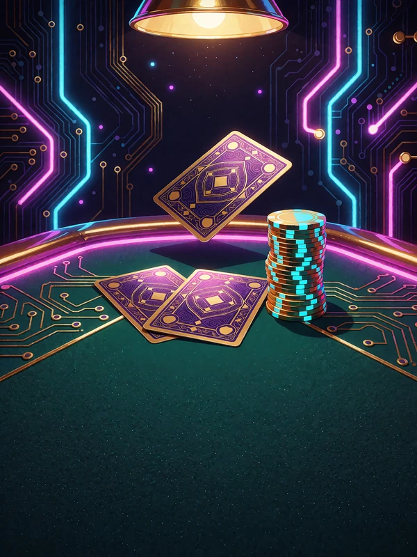Dwie karty rewersem do g&oacute;ry obok stosu żeton&oacute;w i trzecia karta w locie na szmaragdowym stole - blackjack online