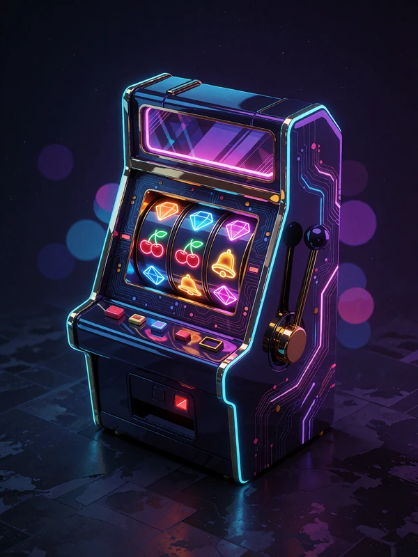 Futurystyczny automat do slot&oacute;w z trzema bębnami i złotą dźwignią w neonowych barwach - sloty online w Thrill