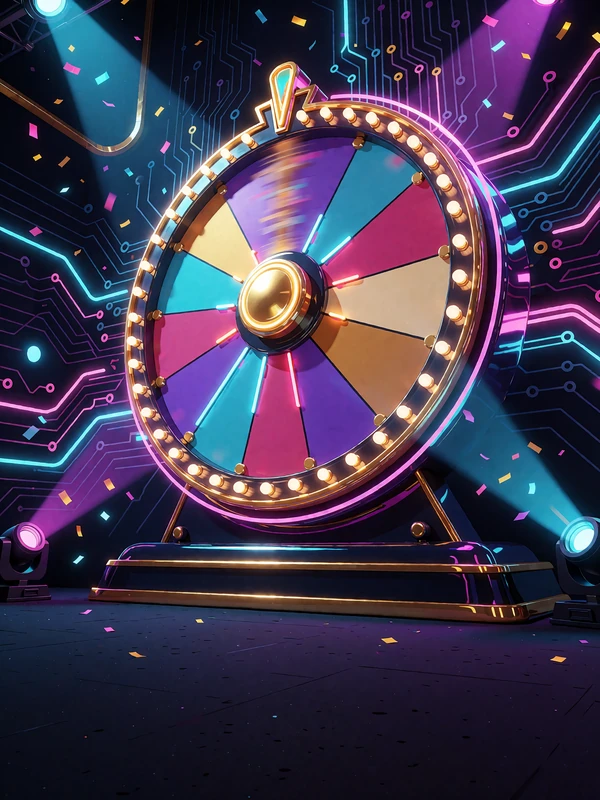 Wielkie koło teleturnieju z kolorowymi segmentami i świecącymi żar&oacute;wkami na scenie - Game Shows w Thrill